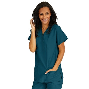 Medline ComfortEase Women's Crossover Tunic Scrub Top with Two Pockets - ComfortEase Women's Short-Sleeve Crossover Tunic Scrub Top with 2 Pockets, Size M, Caribbean Blue - 8851JCBM