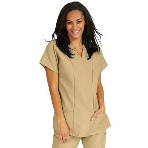 Medline ComfortEase Women's Crossover Tunic Scrub Top with Two Pockets - ComfortEase Women's Short-Sleeve Crossover Tunic Scrub Top with 2 Pockets, Size L, Khaki - 8851JKKL