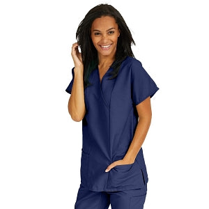 Medline ComfortEase Women's Crossover Tunic Scrub Top with Two Pockets - ComfortEase Women's Short-Sleeve Crossover Tunic Scrub Top with 2 Pockets, Size M, Midnight Blue - 8851JNTM