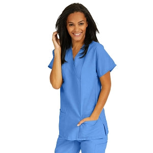 Medline ComfortEase Women's Crossover Tunic Scrub Top with Two Pockets - ComfortEase Women's Short-Sleeve Crossover Tunic Scrub Top with 2 Pockets, Size L, Ceil Blue - 8851JTHL