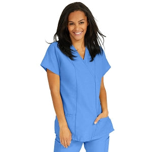 Medline ComfortEase Women's Crossover Tunic Scrub Top with Two Pockets - ComfortEase Women's Short-Sleeve Crossover Tunic Scrub Top with 2 Pockets, Size L, Ceil Blue - 8851JTHL