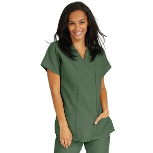 Medline ComfortEase Women's Crossover Tunic Scrub Top with Two Pockets - ComfortEase Women's Short-Sleeve Crossover Tunic Scrub Top with 2 Pockets, Size L, Olive - 8851OLVL