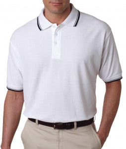 Ultraclub Men's Rib Collar Polo Shirts - Men's Polo Shirt with Rib Collar and Contrast Trim, 60% Cotton/40% Polyester, White / Black, Size L - 8545WHTL