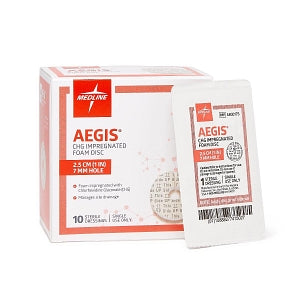 Medline Aegis CHG-Impregnated Foam Disc - Aegis CHG-Impregnated 1" Foam Disk Dressing in Sleeve with 7 mm Hole - AEG017S