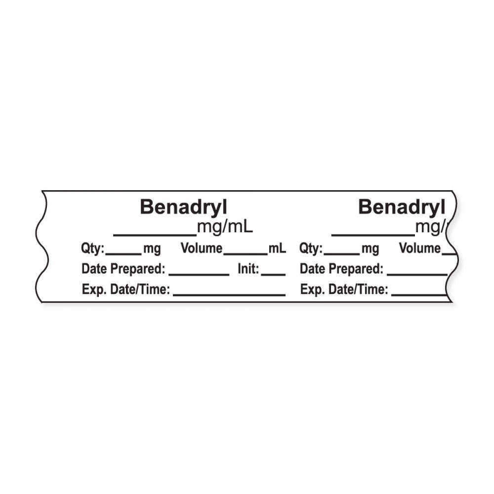 Anesthesia Tape, With Experation Date, Time, And Initial, Removable, "Benadryl Mg/Ml", 1" Core, 3/4" X 500", White, 333 Imprints, 500 Inches Per Roll