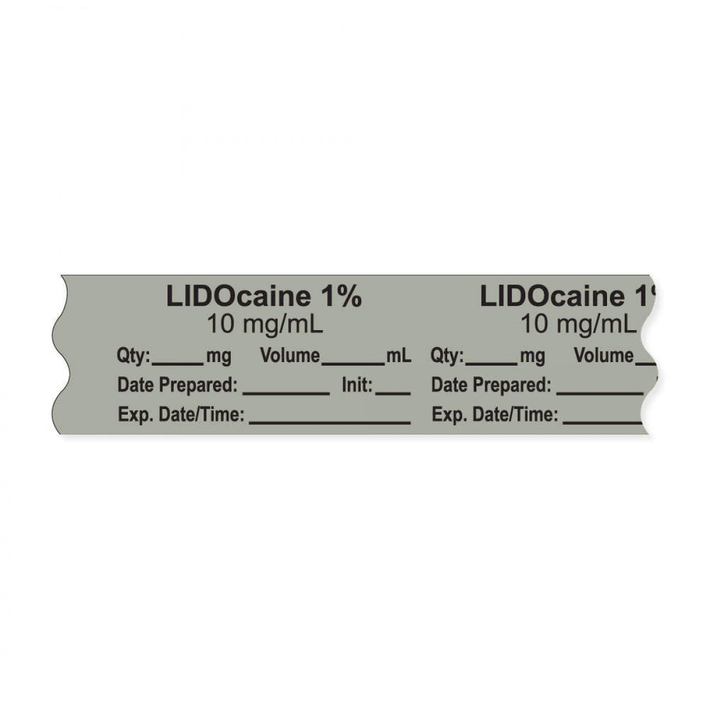 Anesthesia Tape, With Experation Date, Time, And Initial, Removable, "Lidocaine 0.01 10 Mg/Ml", 1" Core, 3/4" X 500", Gray, 333 Imprints, 500 Inches Per Roll