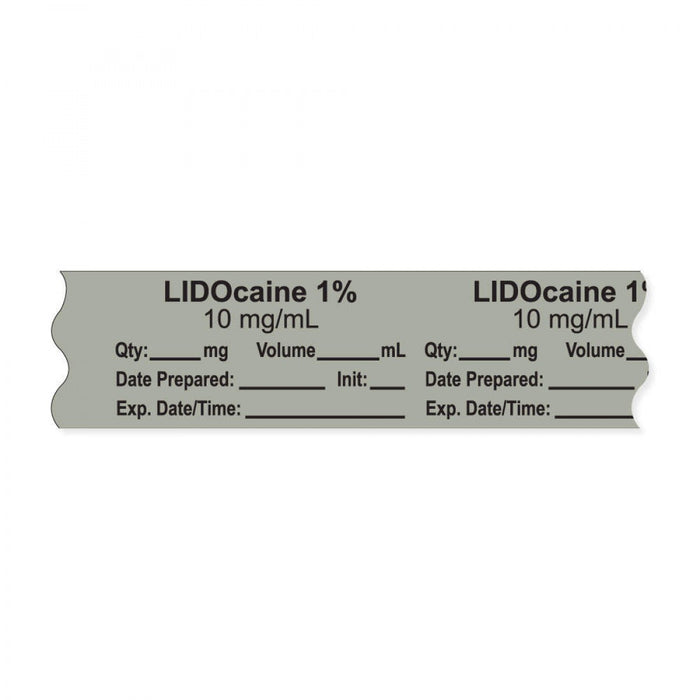 Anesthesia Tape, With Experation Date, Time, And Initial, Removable, "Lidocaine 0.01 10 Mg/Ml", 1" Core, 3/4" X 500", Gray, 333 Imprints, 500 Inches Per Roll