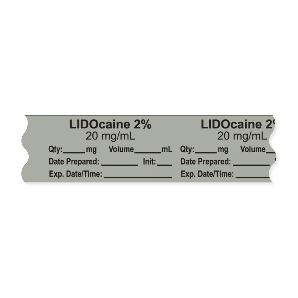 Anesthesia Tape, With Experation Date, Time, And Initial, Removable, "Lidocaine 0.02 20 Mg/Ml", 1" Core, 3/4" X 500", Gray, 333 Imprints, 500 Inches Per Roll