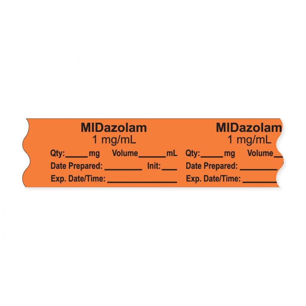 Anesthesia Tape, With Experation Date, Time, And Initial, Removable, "Midazolam 1 Mg/Ml", 1" Core, 3/4" X 500", Orange, 333 Imprints, 500 Inches Per Roll