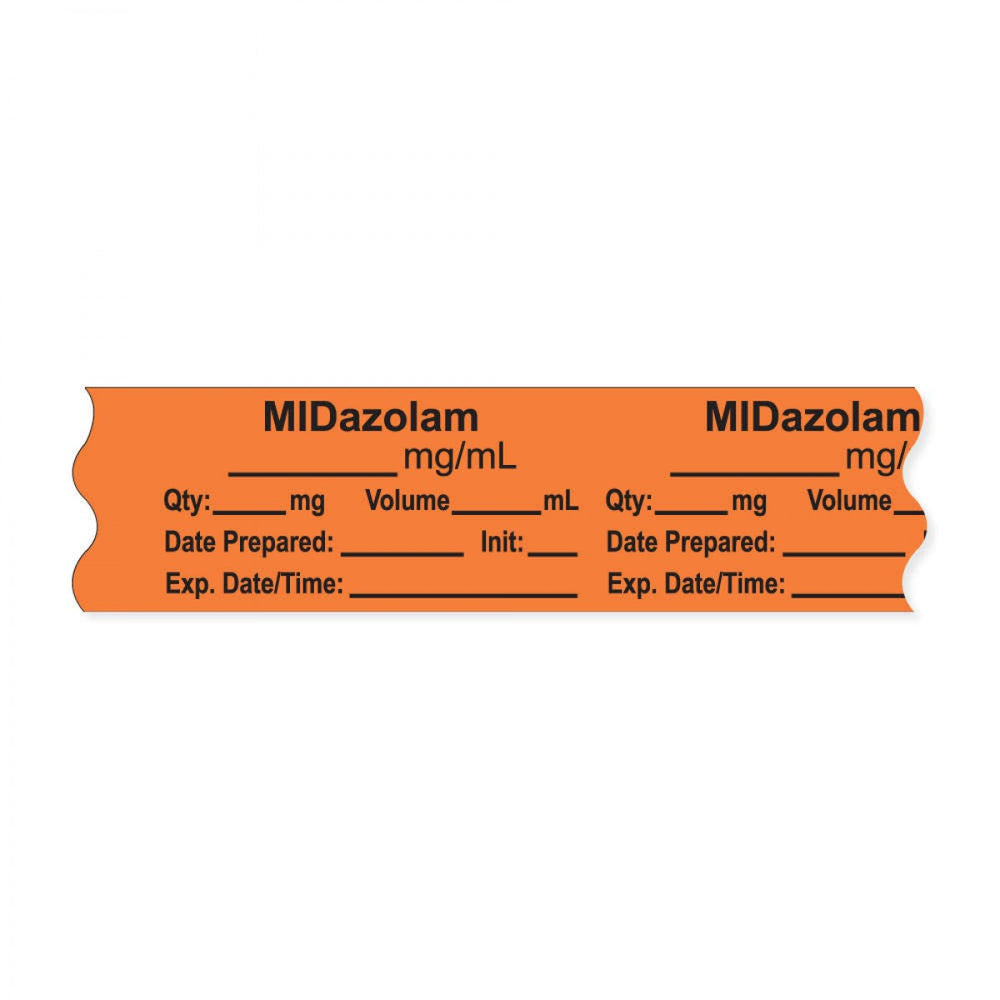 Anesthesia Tape, With Experation Date, Time, And Initial, Removable, "Midazolam Mg/Ml", 1" Core, 3/4" X 500", Orange, 333 Imprints, 500 Inches Per Roll