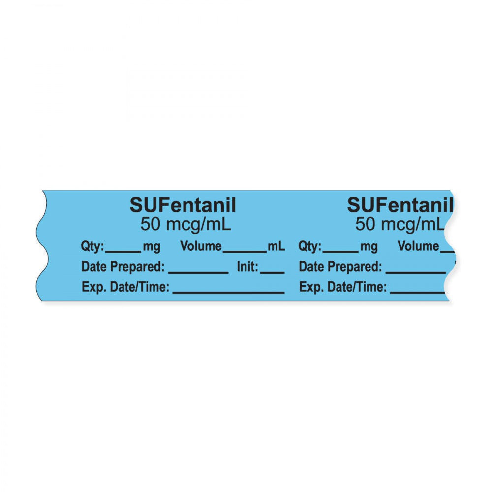 Anesthesia Tape, With Experation Date, Time, And Initial, Removable, "Sufentanil 50 Mcg/Ml", 1" Core, 3/4" X 500", Blue, 333 Imprints, 500 Inches Per Roll