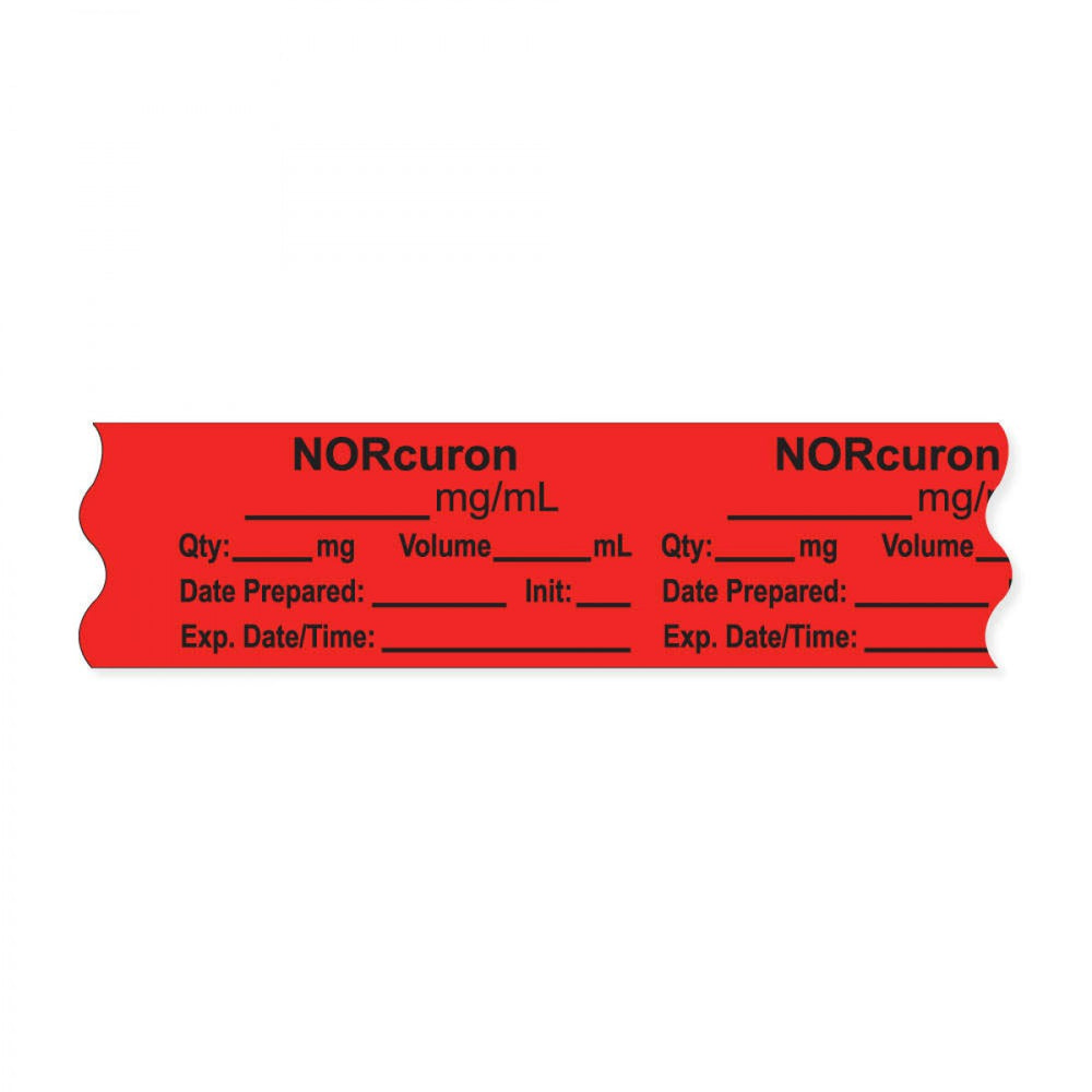 Anesthesia Tape, With Experation Date, Time, And Initial, Removable, "Norcuron Mg/Ml", 1" Core, 3/4" X 500", Fl. Red, 333 Imprints, 500 Inches Per Roll