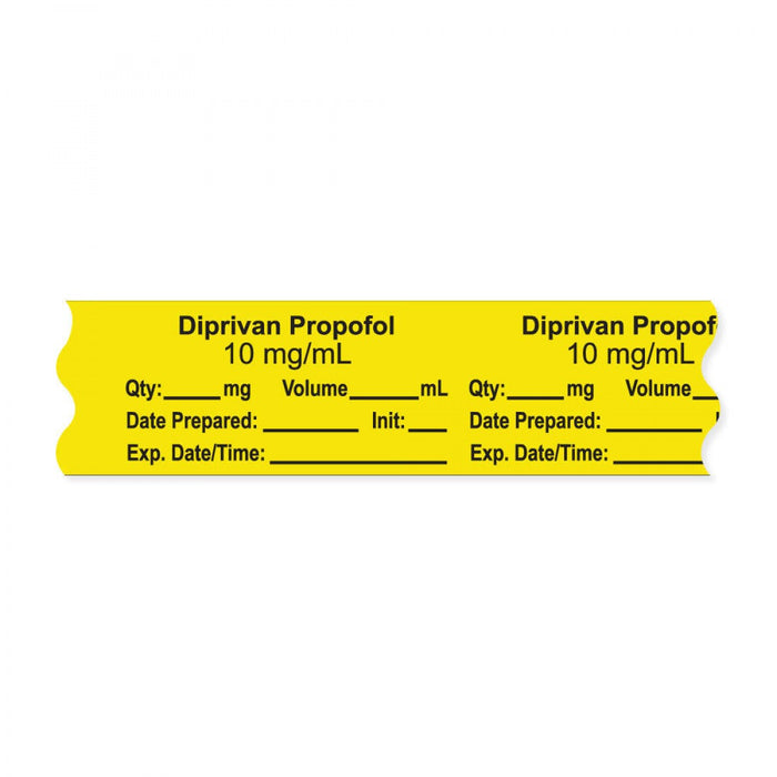 Anesthesia Tape, With Experation Date, Time, And Initial, Removable, "Diprivan Propofol 10 Mg/Ml", 1" Core, 3/4" X 500", Yellow, 333 Imprints, 500 Inches Per Roll