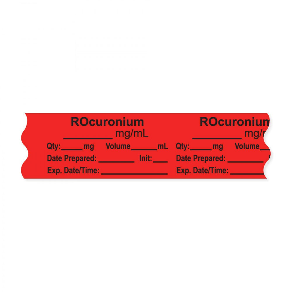 Anesthesia Tape, With Experation Date, Time, And Initial, Removable, "Rocuronium Mg/Ml", 1" Core, 3/4" X 500", Fl. Red, 333 Imprints, 500 Inches Per Roll