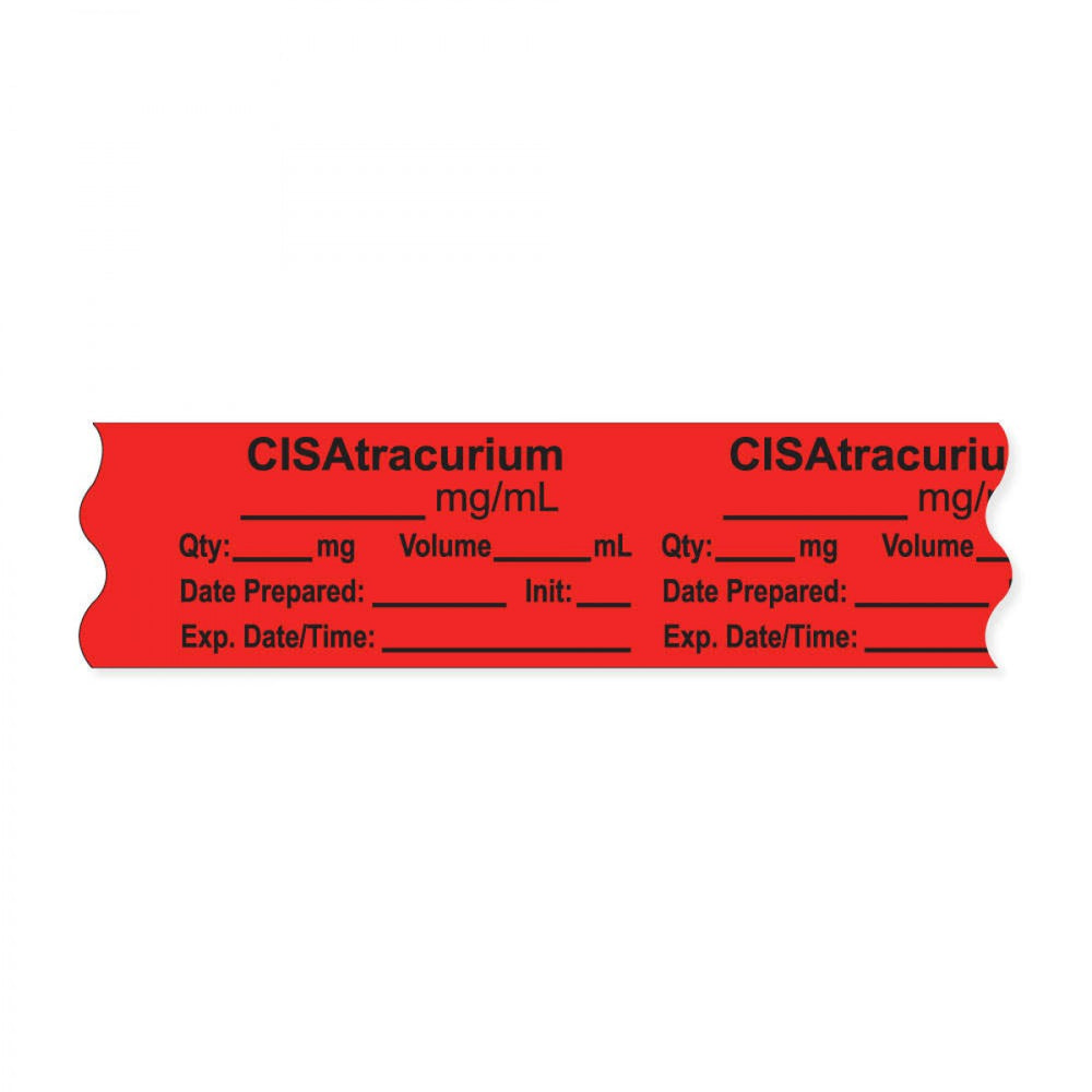 Anesthesia Tape, With Experation Date, Time, And Initial, Removable, "Cisatracurium Mg/Ml", 1" Core, 3/4" X 500", Fl. Red, 333 Imprints, 500 Inches Per Roll