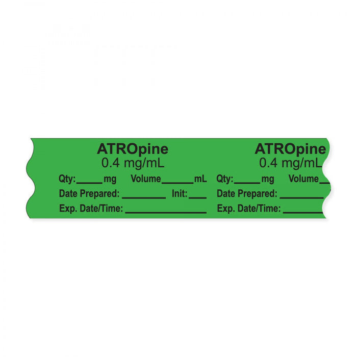 Anesthesia Tape, With Experation Date, Time, And Initial, Removable, "Atropine 0.4 Mg/Ml", 1" Core, 3/4" X 500", Green, 333 Imprints, 500 Inches Per Roll