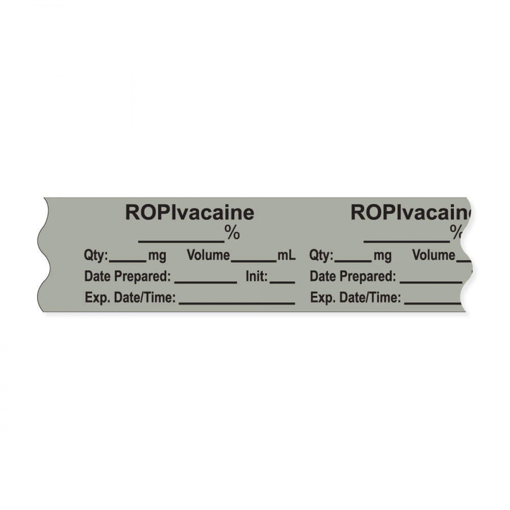 Anesthesia Tape, With Experation Date, Time, And Initial, Removable, "Ropivacaine ___%", 1" Core, 3/4" X 500", Gray, 333 Imprints, 500 Inches Per Roll