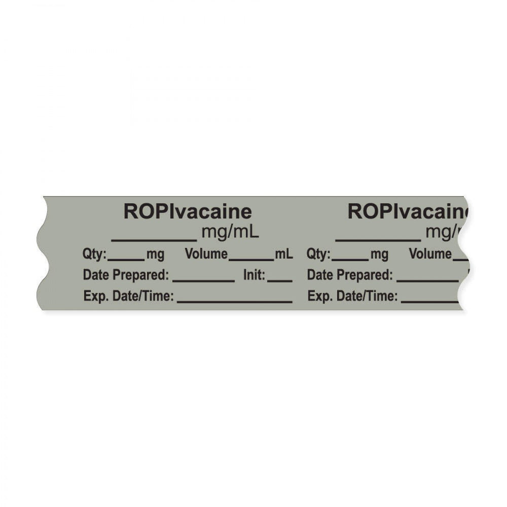 Anesthesia Tape, With Experation Date, Time, And Initial, Removable, "Ropivacaine Mg/Ml", 1" Core, 3/4" X 500", Gray, 333 Imprints, 500 Inches Per Roll