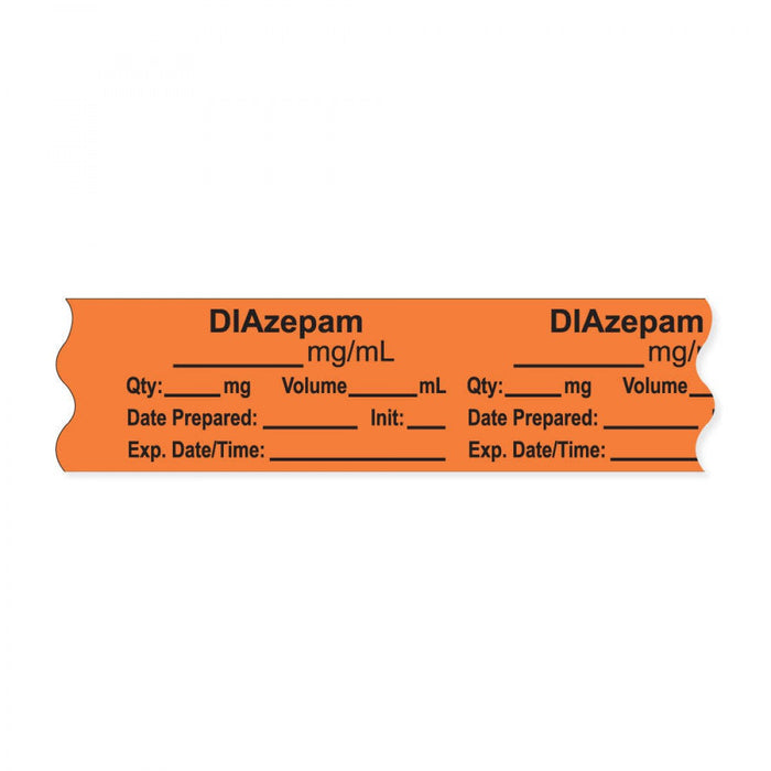 Anesthesia Tape, With Experation Date, Time, And Initial, Removable, "Diazepam Mg/Ml", 1" Core, 3/4" X 500", Orange, 333 Imprints, 500 Inches Per Roll