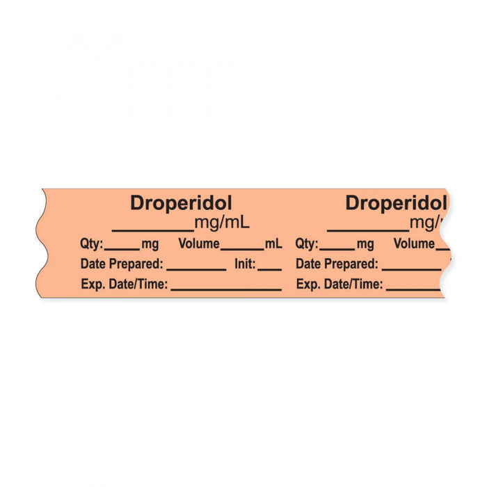 Anesthesia Tape, With Experation Date, Time, And Initial, Removable, "Droperidol Mg/Ml", 1" Core, 3/4" X 500", Salmon, 333 Imprints, 500 Inches Per Roll