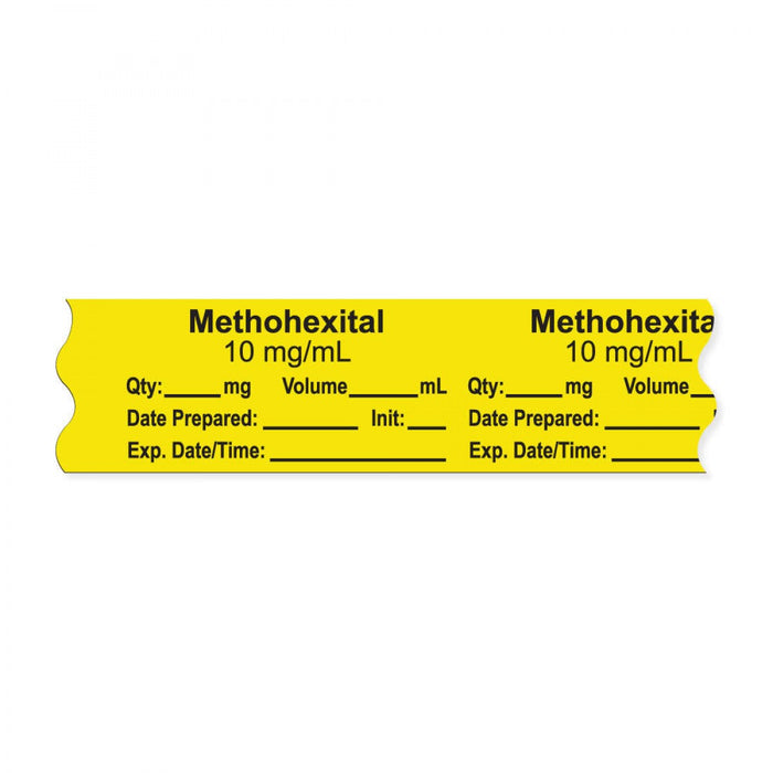 Anesthesia Tape, With Experation Date, Time, And Initial, Removable, "Methohexital 10 Mg/Ml", 1" Core, 3/4" X 500", Yellow, 333 Imprints, 500 Inches Per Roll