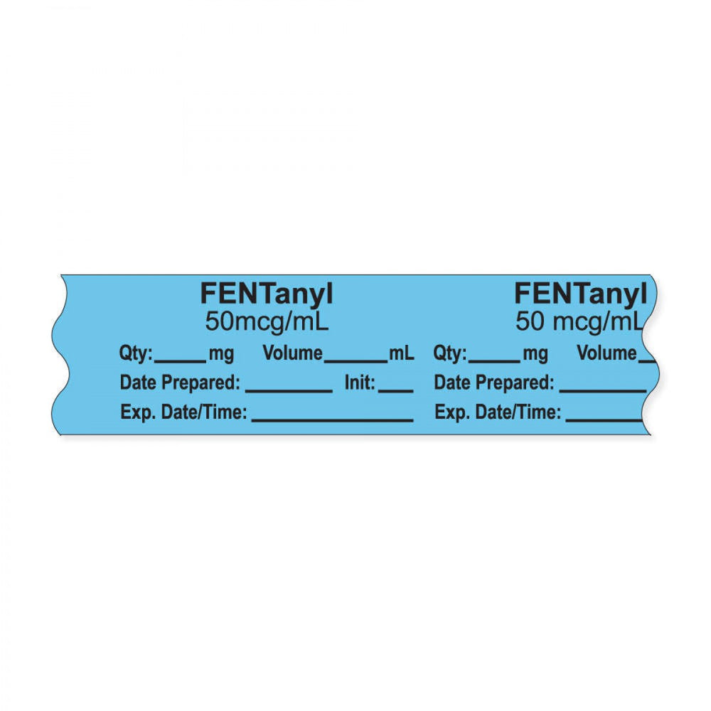 Anesthesia Tape, With Experation Date, Time, And Initial, Removable, "Fentanyl 50 Mcg/Ml", 1" Core, 3/4" X 500", Blue, 333 Imprints, 500 Inches Per Roll