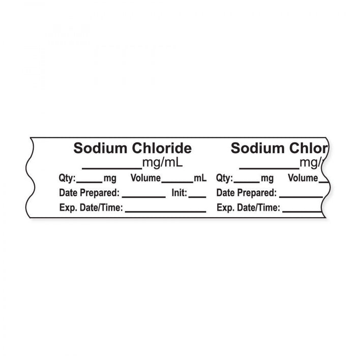 Anesthesia Tape, With Experation Date, Time, And Initial, Removable, "Sodium Chloride Mg/Ml", 1" Core, 3/4" X 500", White, 333 Imprints, 500 Inches Per Roll