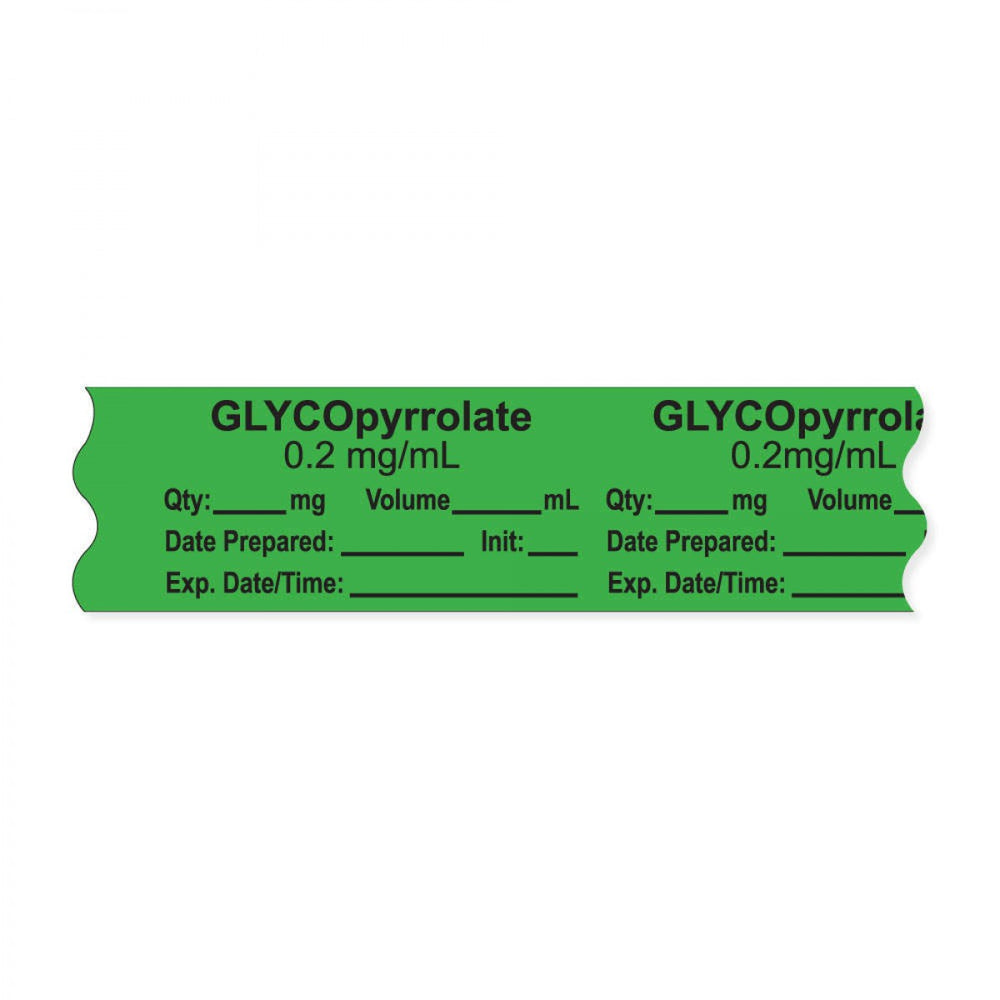 Anesthesia Tape, With Experation Date, Time, And Initial, Removable, "Glycopyrrolate 0.2 Mg/Ml", 1" Core, 3/4" X 500", Green, 333 Imprints, 500 Inches Per Roll