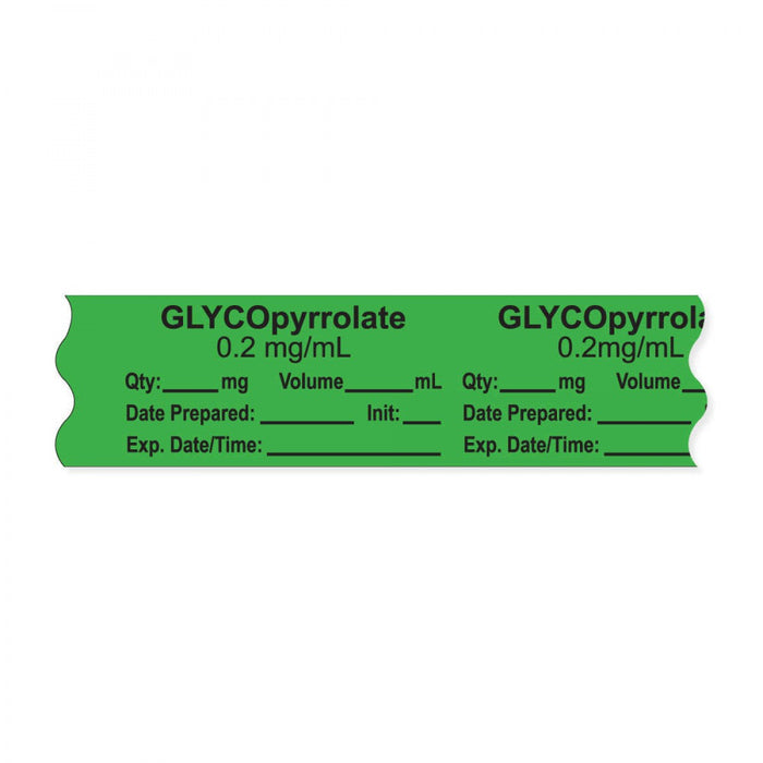 Anesthesia Tape, With Experation Date, Time, And Initial, Removable, "Glycopyrrolate 0.2 Mg/Ml", 1" Core, 3/4" X 500", Green, 333 Imprints, 500 Inches Per Roll