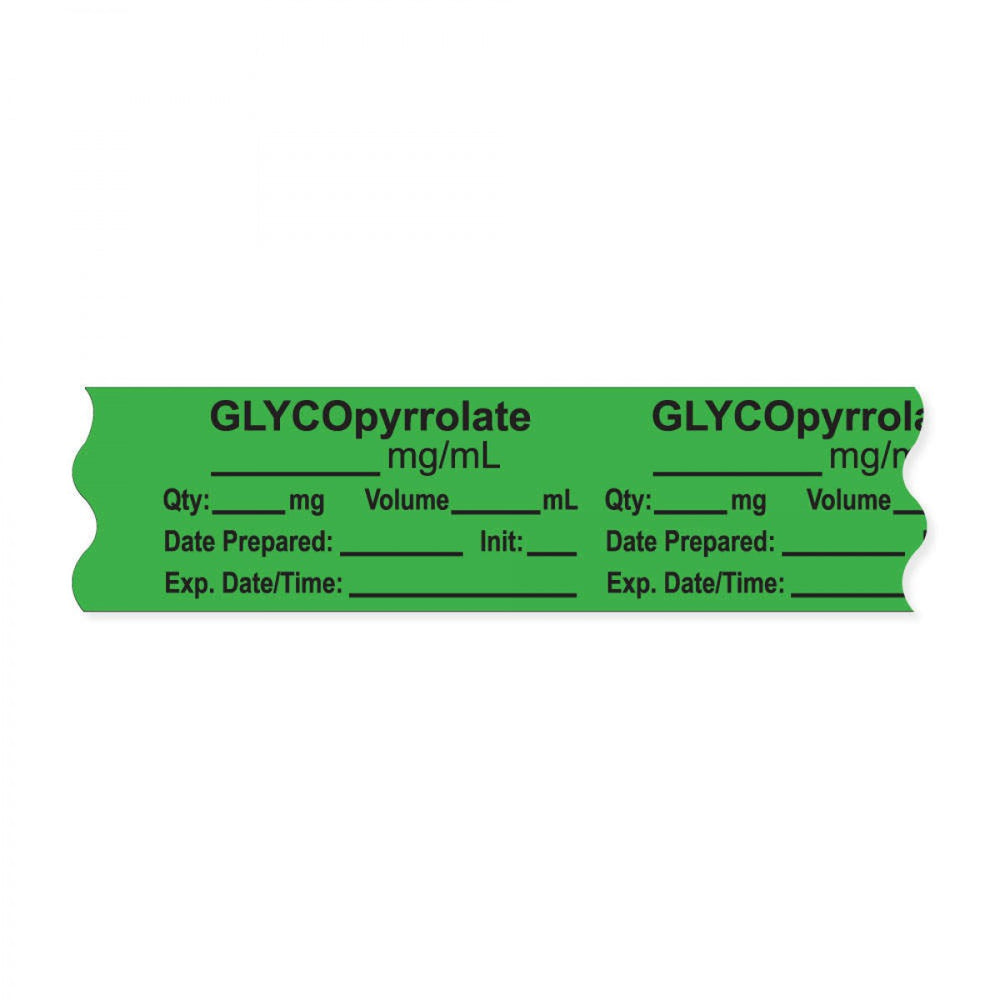 Anesthesia Tape, With Experation Date, Time, And Initial, Removable, "Glycopyrrolate Mg/Ml", 1" Core, 3/4" X 500", Green, 333 Imprints, 500 Inches Per Roll