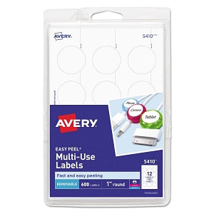 Avery Multiuse Removable Round Labels - Removable Multi-Use Labels, Print / Write, 1" Round, White - 05410