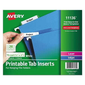 Avery Tab Insert for Hanging File Folder - Printable White 2" Inserts for Hanging File Folders, 1/5 Tab, 100/Pack - 11136