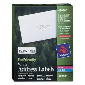 Avery-Dennison Easy-Peel White Address Labels - EcoFriendly Easy Peel Mailing Address Labels, Laser / Inkjet, 1" x 2-5/8", White, 30 Labels / Sheet - 48960