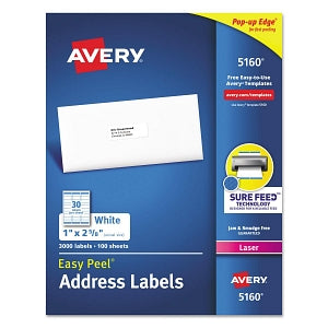 Avery-Dennison Easy-Peel White Address Labels - Easy Peel Mailing Address Labels, Laser, 1" x 2-5/8", White, 30 Labels / Sheet - 5160