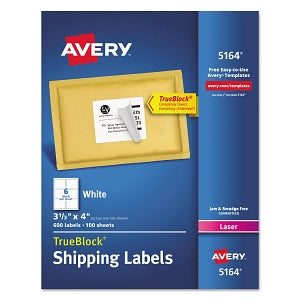 Avery-Dennison Easy-Peel White Address Labels - TrueBlock Shipping Labels, Laser, 3-1/3" x 4", White, 6 Labels / Sheet - 5164