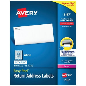 Avery-Dennison Easy-Peel White Address Labels - Easy Peel Return Address Labels, Laser, 1/2" x 1-3/4", White, 80 Labels / Sheet - 5167