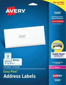 Avery-Dennison Easy-Peel White Address Labels - Easy Peel Mailing Address Labels, Laser, 1" x 2-5/8", White, 30 Labels / Sheet - 5260