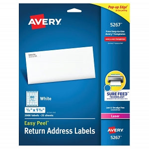 Avery-Dennison Easy-Peel White Address Labels - Easy Peel Return Address Labels, Laser, 1/2" x 1-3/4", White, 80 Labels / Sheet - 5267