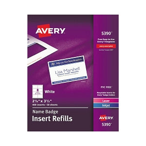 Avery Name Badge Insert Refills - 2-1/2" x 3-1/2" Name Badge Insert Refills - 5390