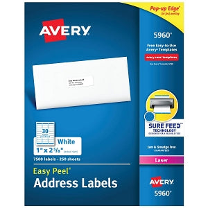 Avery-Dennison Easy-Peel White Address Labels - Easy Peel Mailing Address Labels, Inkjet, 1" x 2-5/8", White, 30 Labels / Sheet - 5960