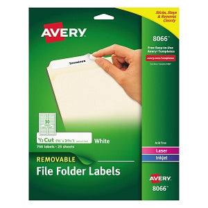 Avery-Dennison Permanent File Folder Labels - 1/3-Cut File Folder Labels, Inkjet / Laser, .66" x 3.44", White - 8066