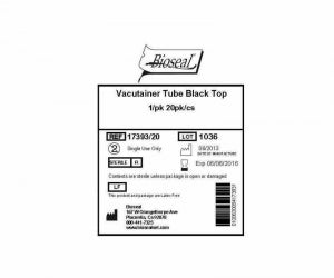 Bioseal Vacutainer Tube Black Top - Vacutainer Tube, Black Top, 1/Pack - 17393/20