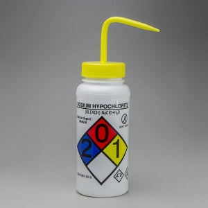 Bel-Art GHS-Labeled Safety-Vented LDPE Wash Bottles - Bel-Art GHS Labeled Safety-Vented Sodium Hypochlorite (Bleach) Wash Bottles, 500 mL (16 oz.), Polyethylene with Yellow Polypropylene Cap, Pack of 4 - F12416-0015