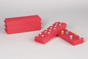 Bel-Art Products Reversible PCR and Centrifuge Tube Rack - Bel-Art Reversible PCR and Microcentrifuge Tube Rack for 0.2 mL or 1.5 to 2.0 mL Tubes, 80 Places, Red, Pack of 5 - F18845-0008