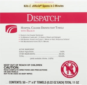 Clorox Dispatch Hospital Disinfectant Towels with Bleach - Dispatch Bleach Wipes, Individual, 50 wipes, 7" x 8" - 69101