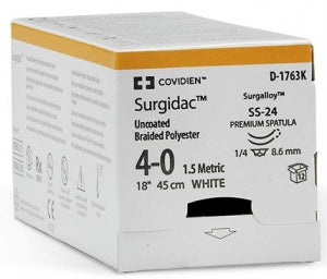 Medtronic Surgidac Polyester Suture - Polyester Sutures, Inverted Premium Spatula, Size 6-0, White, 18", Needle SS-28, 3/8 Circle, - D-1683K