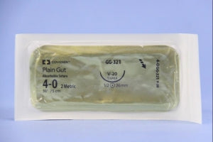 Medtronic USA Premium Reverse Cutting Absorbable Suture - Plain Gut Absorbable Suture, Taper Point, 1/2 Circle, V-20, 26mm, 30" L, Size 4-0 - GG-321