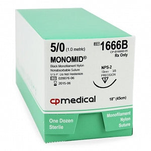 CP Medical Monomid Nylon Suture - Black Monofilament Nonabsorbable Suture, 5-0 Nylon, PS-1, 18" - 1666B