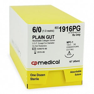 CP Medical Plain Gut Natural Absorbable Suture - SUTURE, 6/0 PG, 18-IN, PC-1 (12) - 1916PG