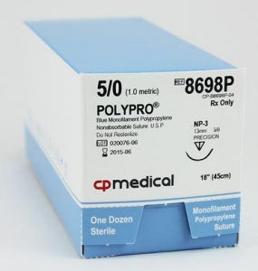 CP Medical Polypro Non-Absorbable Needled Suture - Polypro Monofilament Polypropylene Sutures, Blue, 18", Size 5-0, NONAB 3/8 Circle Needle - 8698P